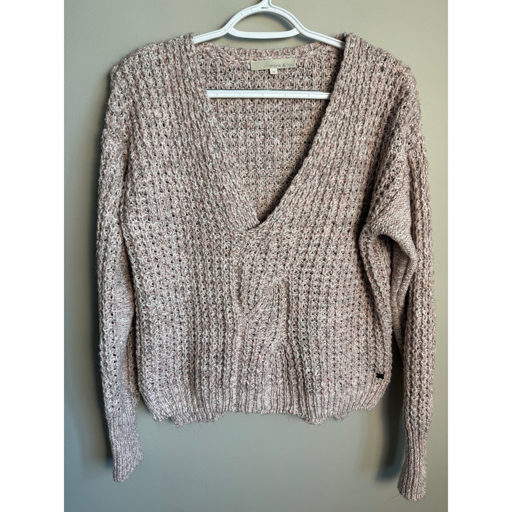 Monk & Lou Chunky Knit V-Neck Sweater XS Marled Boho Cozy Fuzzy Rustic Softgirl